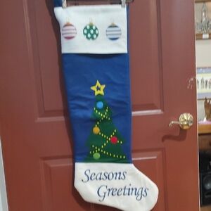 Supersize 34 Inch Blue and White Holiday Stocking with Tree Design